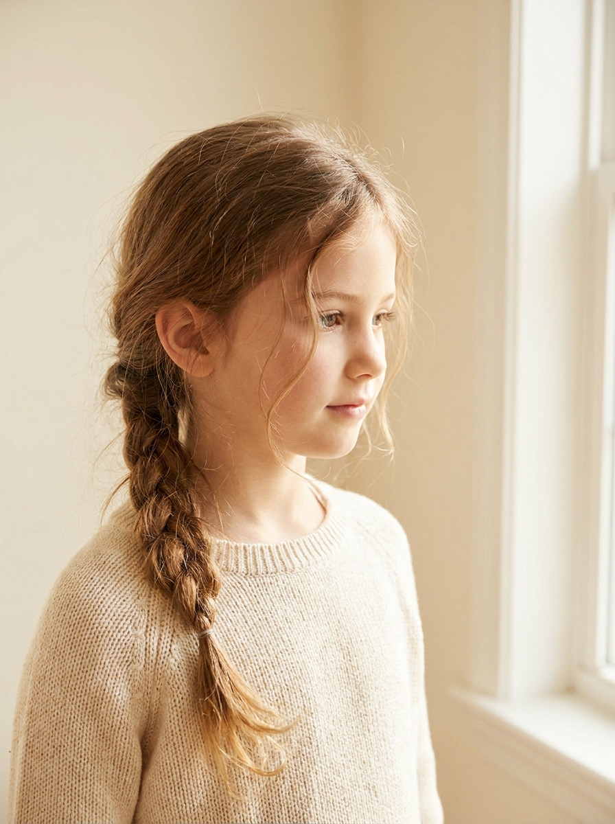 Seitlich geflochtener tiefer Zopf als Flechtfrisuren für Kinder Inspiration 2026